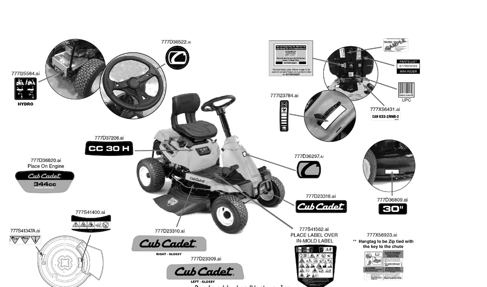 Label Map Diagram and Parts List for CC30H (13AC21JDA10)(2023) Cub Cadet Lawn Tractor Accessories